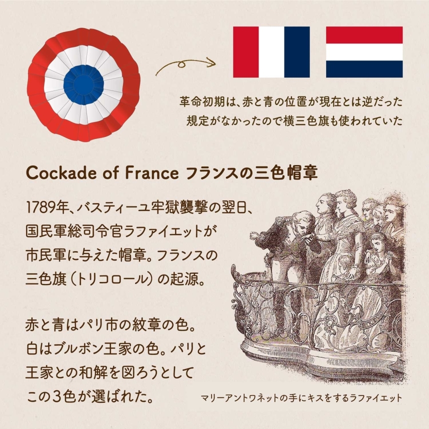 フランスの三色帽章をイラストで説明した画像。三色帽章の由来や、当時使われていた三色旗（トリコロール）のイラスト、マリーアントワネットの手にキスをする国民軍総司令官ラファイエットの画像など。