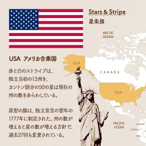USA アメリカ合衆国の国旗「星条旗」についてまとめた画像。赤と白のストライプは、独立当初の13州を、カントン部分の50の星は現在の州の数をあらわしている。原型の旗は、独立宣言の翌年の1777年に制定された。州の数が増えると星の数が増える方針で、過去27回も変更されている。Stars & Stripe「星条旗」の愛称。