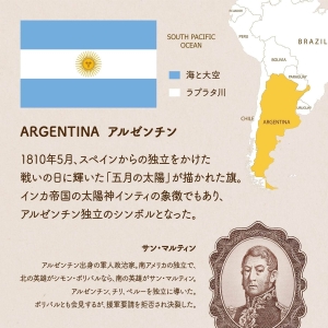 アルゼンチン（ARGENTINA）の国旗について１枚でわかるようにまとめた画像。アルゼンチンの地図、色の意味、デザインの由来、アルゼンチン出身の革命家、サン・マルティンについてなど。