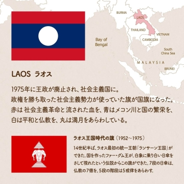 LAOS ラオス/1975年に王政が廃止され、社会主義国に。政権を勝ち取った社会主義勢力が使っていた旗が国旗になった。赤は社会主義革命と流された血を、青はメコン川と国の繁栄を、白は平和と仏教を、丸は満月をあらわしている。 ラオス王国時代の旗（1952〜1975）14世紀半ば、ラオス最初の統一王朝「ランサーン王国」ができた。国を作ったファー・グム王が、白象に乗り白い日傘をさして現れたという伝説からこの旗ができた。７段の日傘は、仏教の７徳を、５段の階段は５戒律をあらわす。