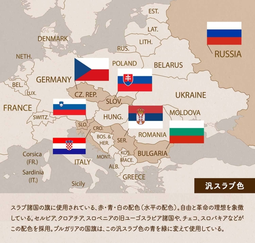 汎スラブ色/スラブ諸国の旗に使用されている、赤・青・白の配色（水平の配色）。自由と革命の理想を象徴している。セルビア、クロアチア、スロベニアの旧ユーゴスラビア諸国や、チェコ、スロバキアなどがこの配色を採用。ブルガリアの国旗は、この汎スラブ色の青を緑に変えて使用している。
