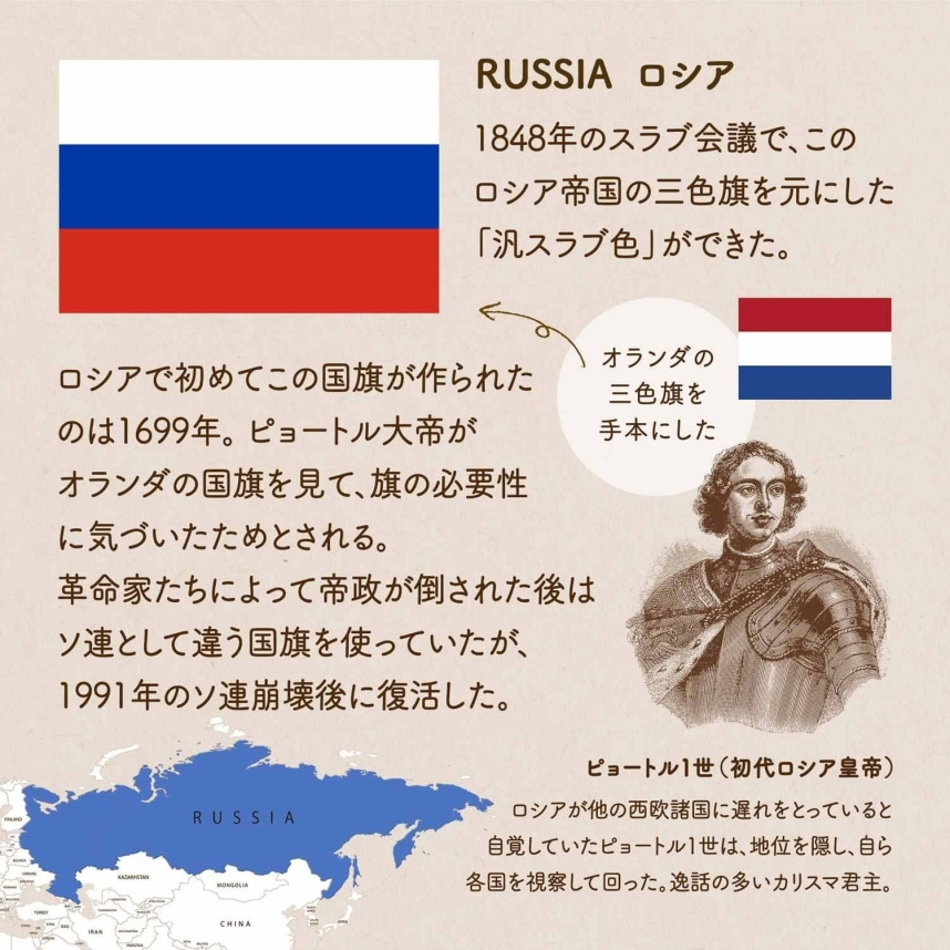 RUSSIA ロシアの国旗図と由来についてまとめた画像。ロシアの位置、ピョートル１世のエピソードなども記載。