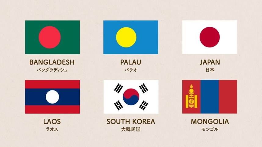 丸・円形のシンボルを使った国旗/BANGLADESH バングラディシュ、PALAU パラオ、JAPAN 日本、LAOS ラオス、SOUTH KOREA 大韓民国、MONGOLIA モンゴル