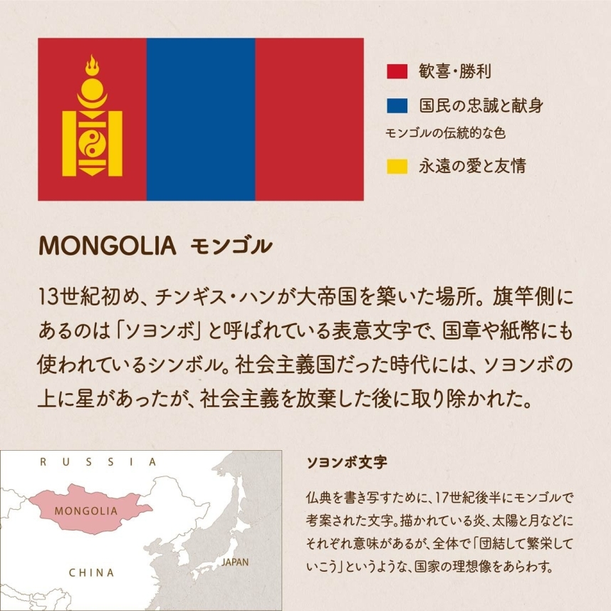 MONGOLIA モンゴル/13世紀初め、チンギス・ハンが大帝国を築いた場所。旗竿側にあるのは「ソヨンボ」と呼ばれている表意文字で、国章や紙幣にも使われているシンボル。社会主義国だった時代には、ソヨンボの上に星があったが、社会主義を放棄した後に取り除かれた。ソヨンボ文字/仏典を書き写すために、17世紀後半にモンゴルで考案された文字。描かれている炎、太陽と月などにそれぞれ意味があるが、全体で「団結して繁栄していこう」というような、国家の理想像をあらわす。赤=歓喜・勝利　青=国民の忠誠と献身、モンゴルの伝統的
