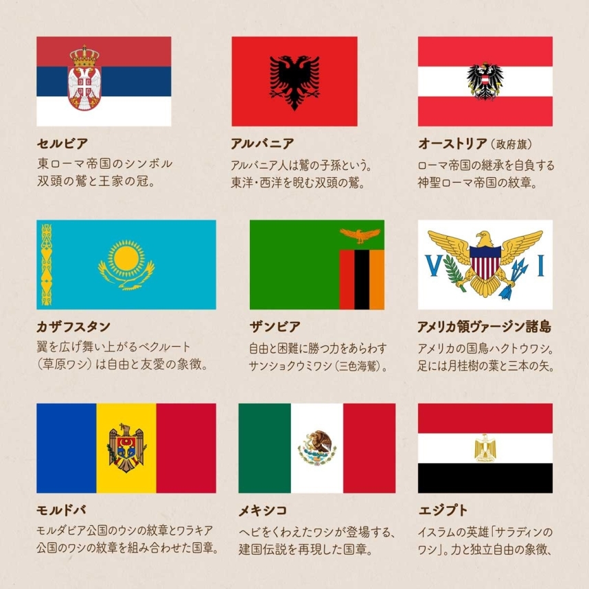 鷲（ワシ）が描かれている９つの国旗のイラストと、それぞれのワシの名前、意味、由来をまとめた画像。セルビアの双頭の鷲、アルバニアの双頭の鷲、オーストリア（政府旗）の単頭鷲、カザフスタンのベクルート（草原鷲）、ザンビアの三色海鷲、アメリカ領ヴァージン諸島のハクトウワシ、モルドバの紋章の鷲、メキシコの蛇をくわえた鷲、エジプトのサラディンのワシ。