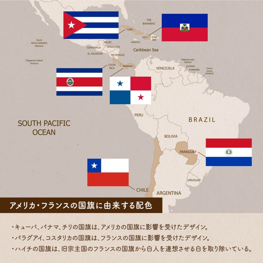 アメリカ・フランスの国旗に由来する配色の国旗地図