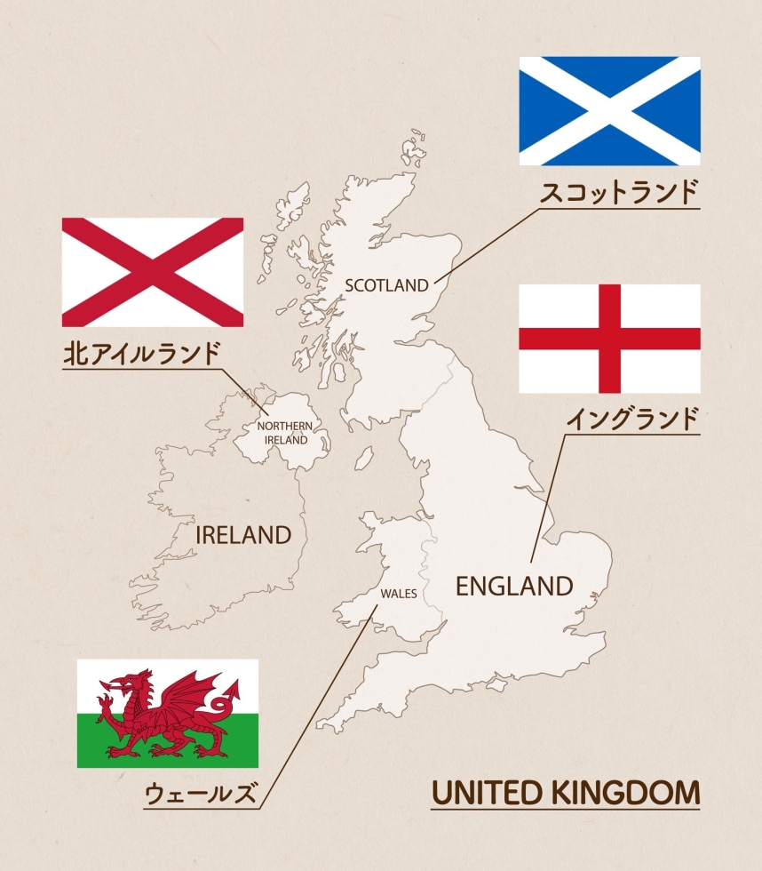 イギリスを構成する4つの国の地図と、各国の旗の画像